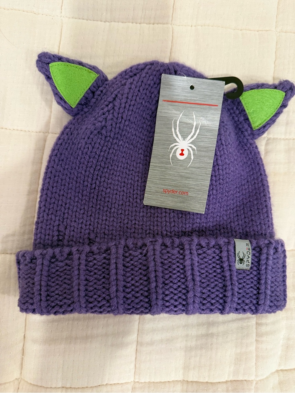 NWT | Spyder Kids One Size Ski Beanie Knit Cat Ear Purple and Green - Picture 14 of 16